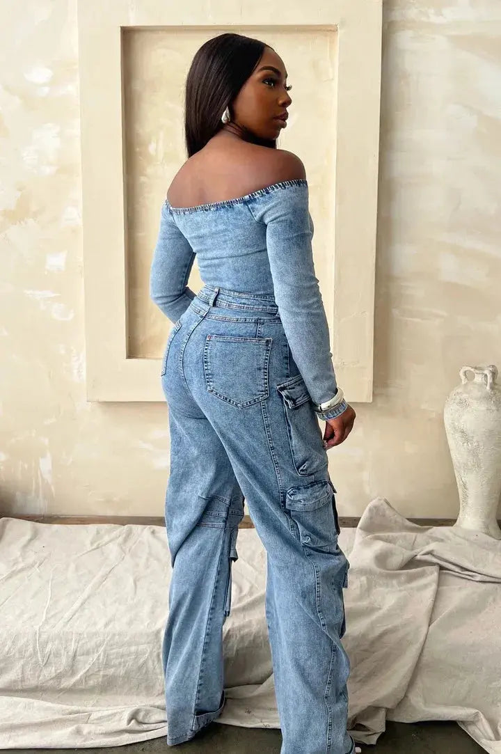 Women Cargo Multi-pocket Denim Jumpsuits Sexy Off Shoulder Long Sleeve Washed Jean Rompers Autumn Streetwear One Piece Overalls FZwear