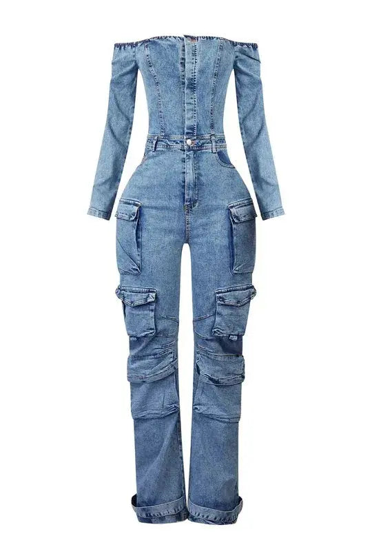 Women Cargo Multi-pocket Denim Jumpsuits Sexy Off Shoulder Long Sleeve Washed Jean Rompers Autumn Streetwear One Piece Overalls FZwear