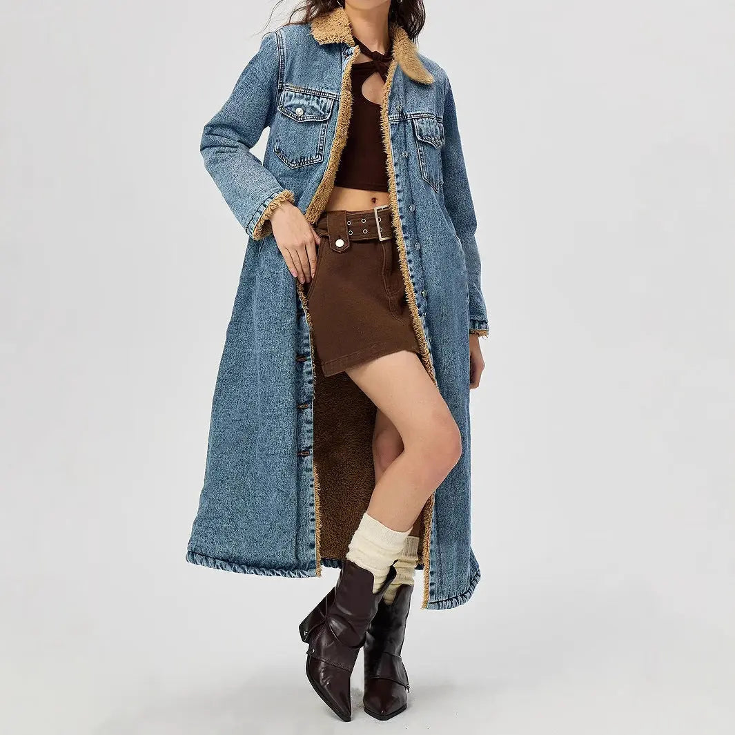 Women Clothing Loose Long Velvet Lining Cotton Padded Coat Denim Coat FentyWild