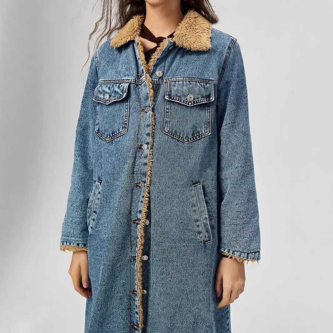 Women Clothing Loose Long Velvet Lining Cotton Padded Coat Denim Coat FentyWild