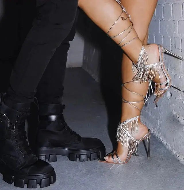 Women Crystals Thin Heels Shoes Summer Bling Rhinestones Tassel Silver Sandals Women Sexy lace up peep toe Ladies Sandals 44 FZwear