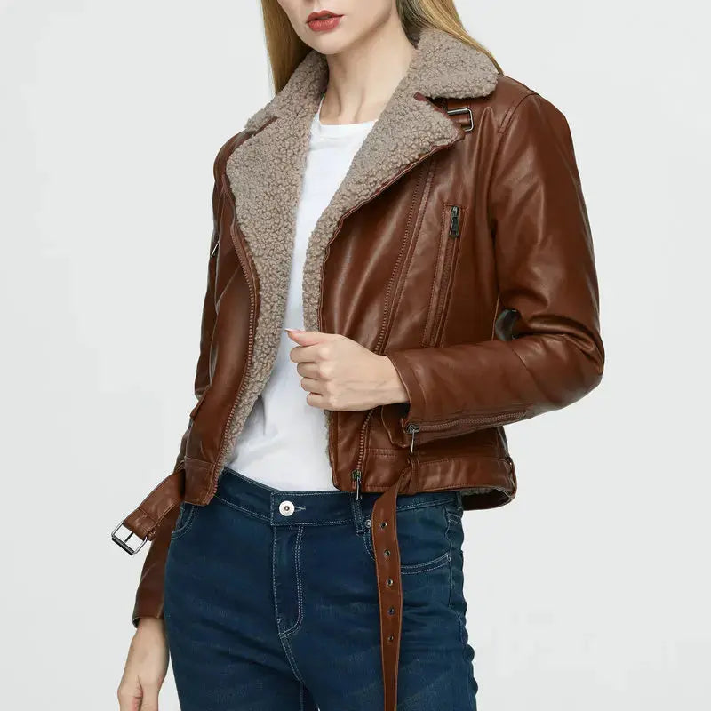 Women High Quality Winter Warm Faux Leather Jackets Lady Black Brown Fur Motorcycle Biker Street Outerwear Coats New Fashion FZwear