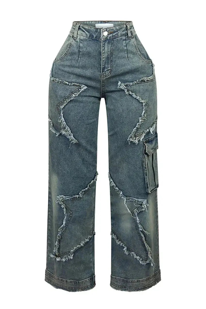 Women Tassel Pentagram Pockets Cargo Jeans Y2K Streetwear Wide Leg Straight Trousers Trend Denim Pants Ladies Fashion Bottoms FZwear