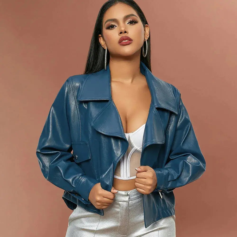 Women's Jacket Fashionable PU Lapel Black Short Leather Jacket For Women, Loose Fitting Long Sleeved Women's Leather Jacket FZwear