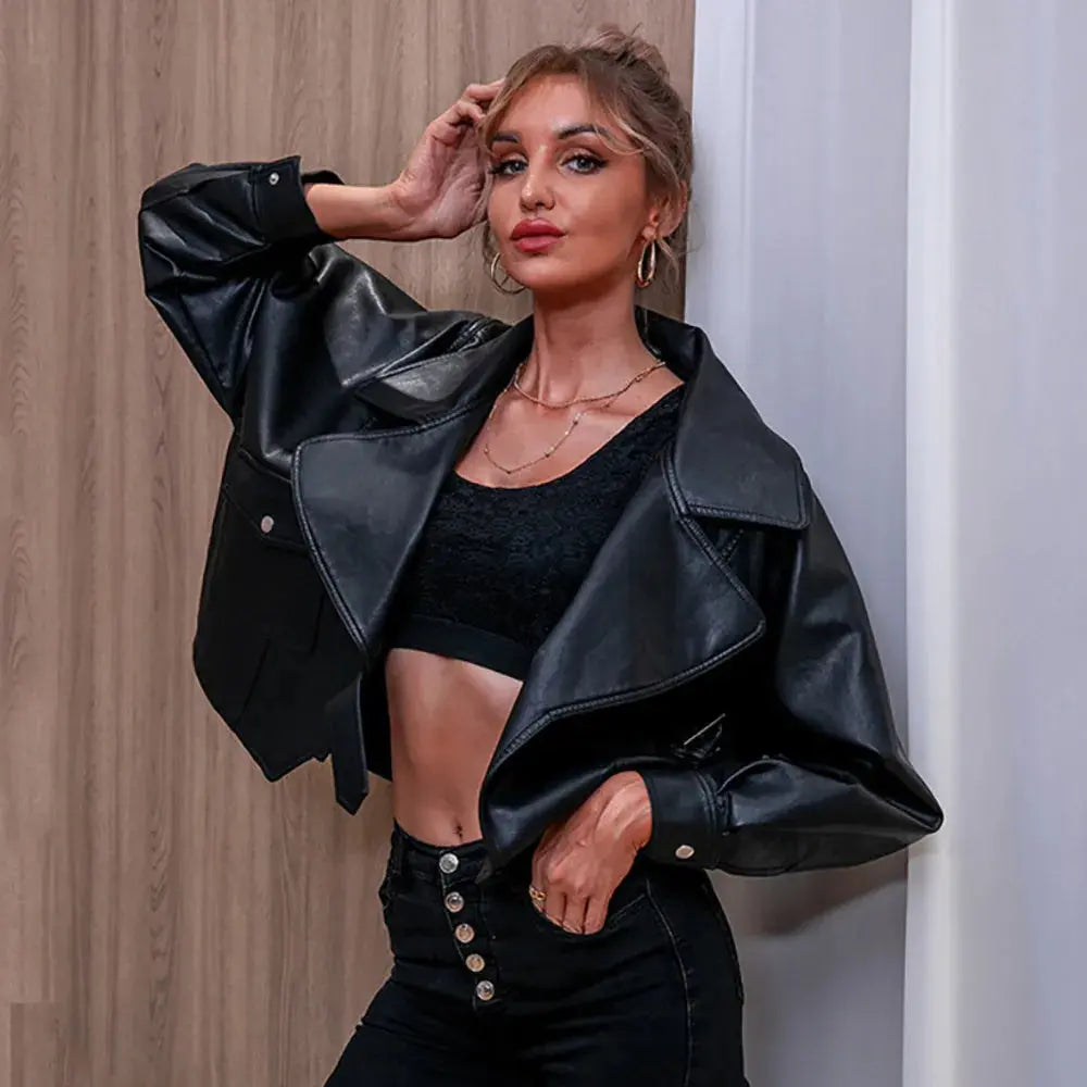Women's Jacket Fashionable PU Lapel Black Short Leather Jacket For Women, Loose Fitting Long Sleeved Women's Leather Jacket FZwear