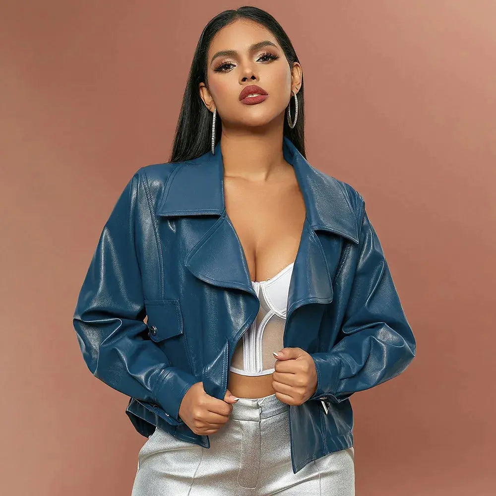 Women's Jacket Fashionable PU Lapel Black Short Leather Jacket For Women, Loose Fitting Long Sleeved Women's Leather Jacket FZwear