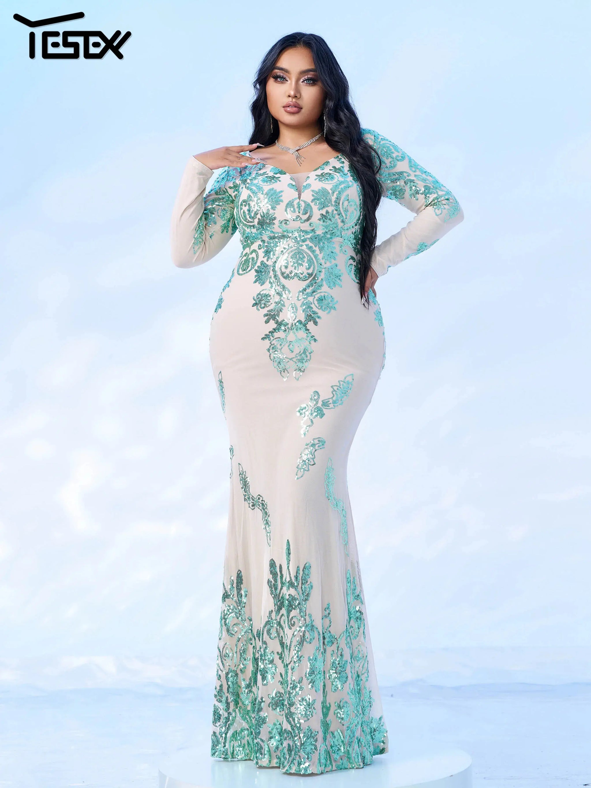 Plus Beige and Green Sequin Embellished Long Sleeve Maxi Dress, Green / 3XL Plus Beige and Green Sequin Embellished Long Sleeve Maxi Dress, Green / 3XL