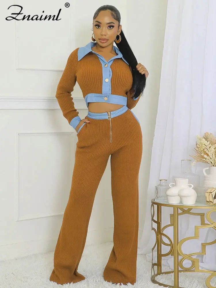 Znaiml Black Rib Knit 2 Piece Women Sets Elegant Lapel Buttons Long Sleeves Crop Top and Wide Leg Pants Suits Birthday Outfits FZwear