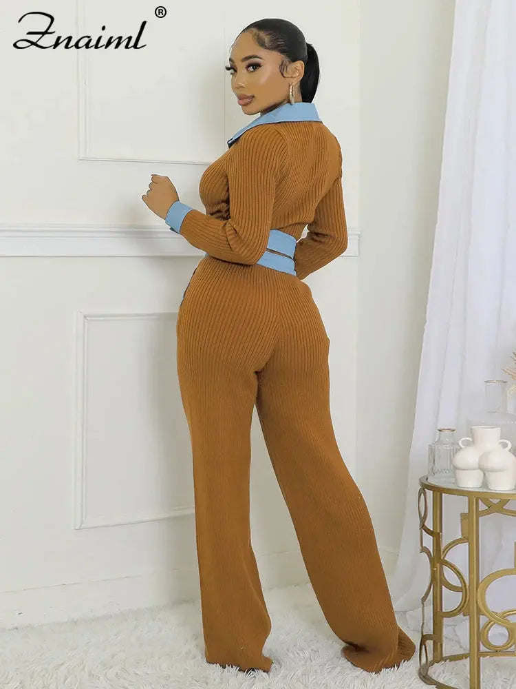 Znaiml Black Rib Knit 2 Piece Women Sets Elegant Lapel Buttons Long Sleeves Crop Top and Wide Leg Pants Suits Birthday Outfits FZwear