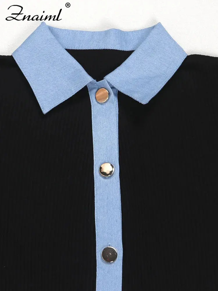 Znaiml Black Rib Knit 2 Piece Women Sets Elegant Lapel Buttons Long Sleeves Crop Top and Wide Leg Pants Suits Birthday Outfits FZwear