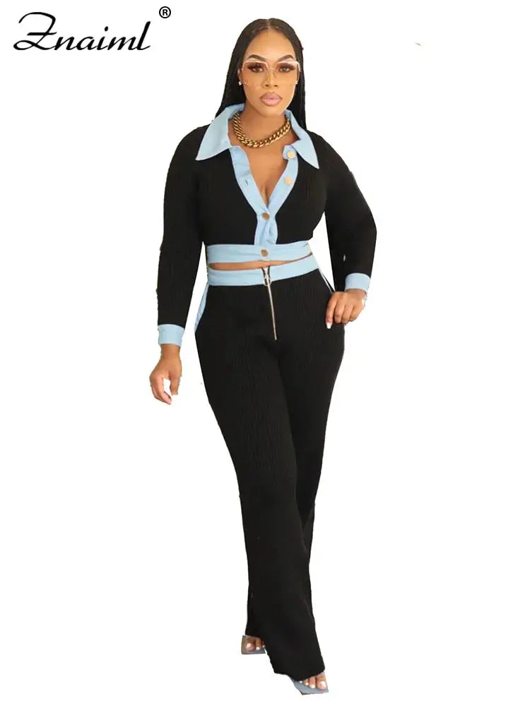 Znaiml Black Rib Knit 2 Piece Women Sets Elegant Lapel Buttons Long Sleeves Crop Top and Wide Leg Pants Suits Birthday Outfits FZwear