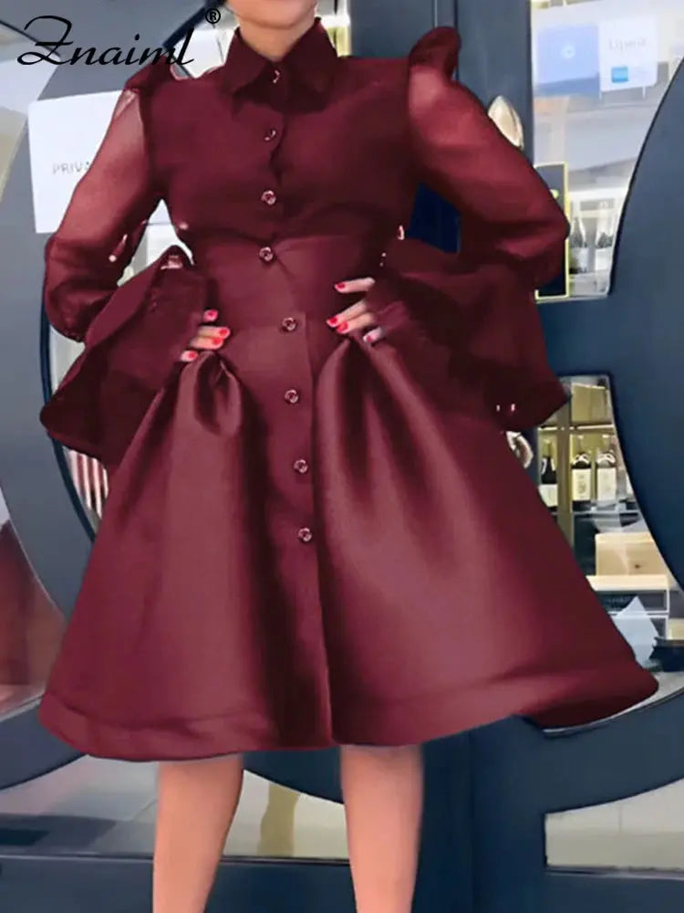 Znaiml Elegant Fall Winter Flare Sleeeve Shirt Top and High Waist A-line Midi Skirts Two 2 Piece Set Women Evening Birthday Suit FZwear