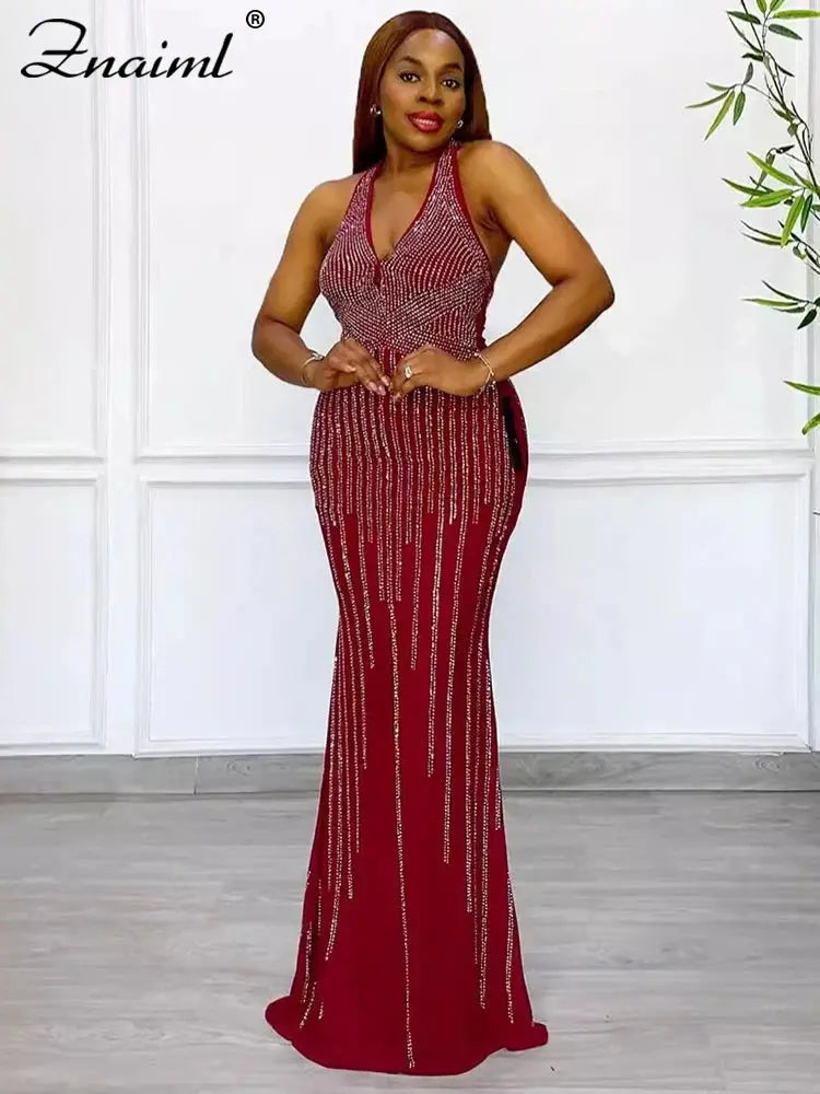 Znaiml Elegant Luxury Evening Long Dresses Women Sexy Sleeveless Rhinestone Birthday Mermaid Robe Girl's Celebrity Guest Vestido FZwear
