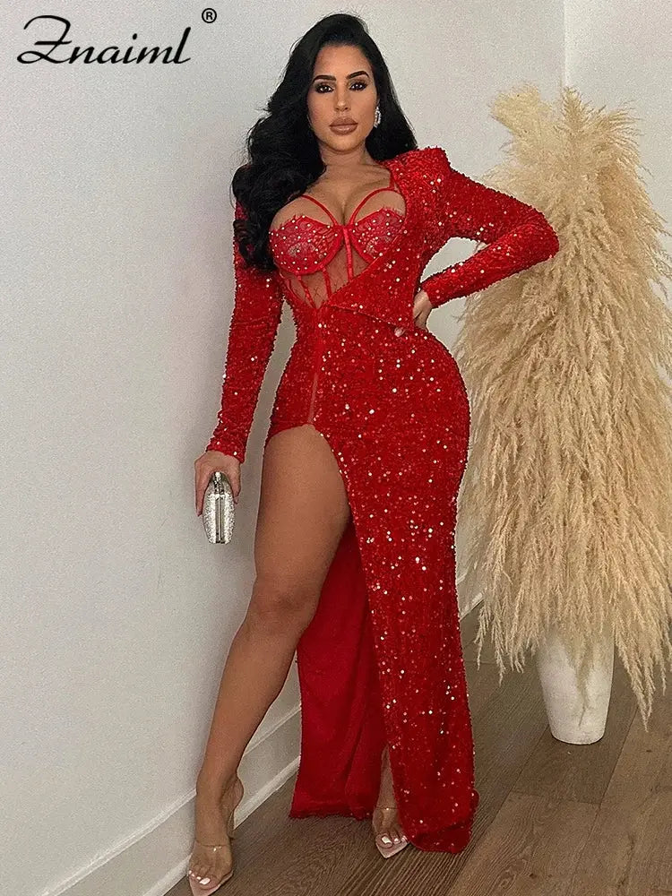 Znaiml Women's Luxury Celebrity Christmas Night Party Long Dresses Sexy Lace High Split Sequins Prom Evening Birthday Vestidos FZwear