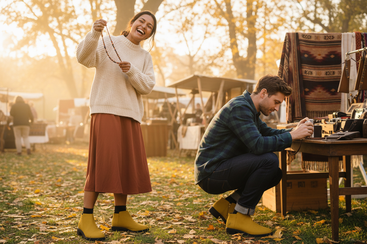 A woman and a man at an autumn flea market wearing mustard yellow slip-on ankle boots