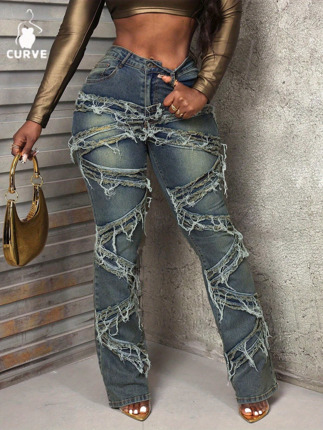 FZ Women's Plus Size High - Waisted Distressed Flared Denim Pants