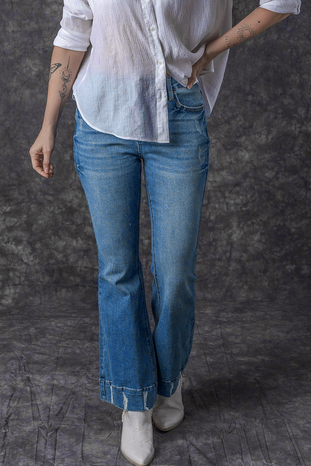Sky Blue Slight Distressed Medium Wash Flare Jeans - FZwear