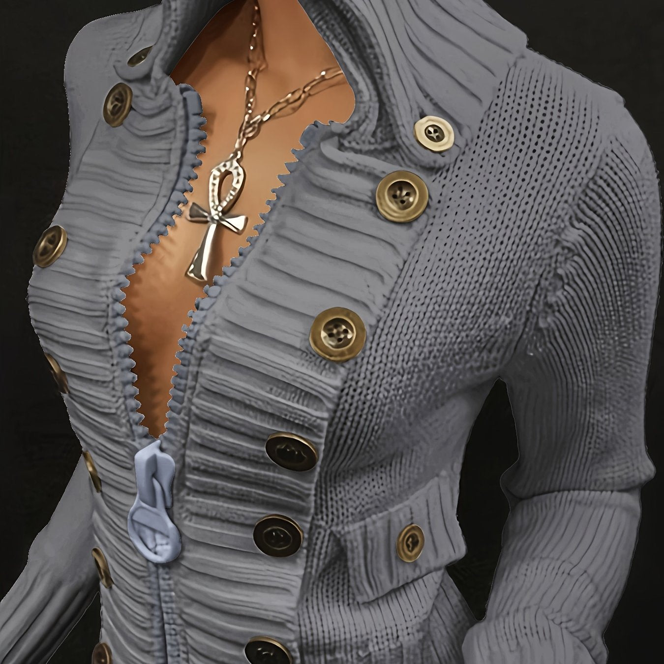 FZ Women's Multi-button decorated large zipper slim-fit Sweater jacket