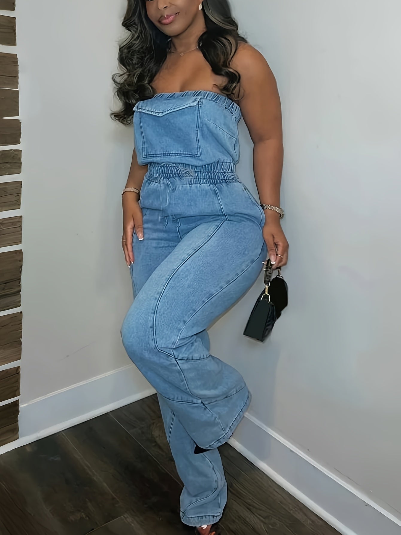 FZ Women's Y2K Strapless Wide-Leg Retro Streetwear Denim Jumpsuit