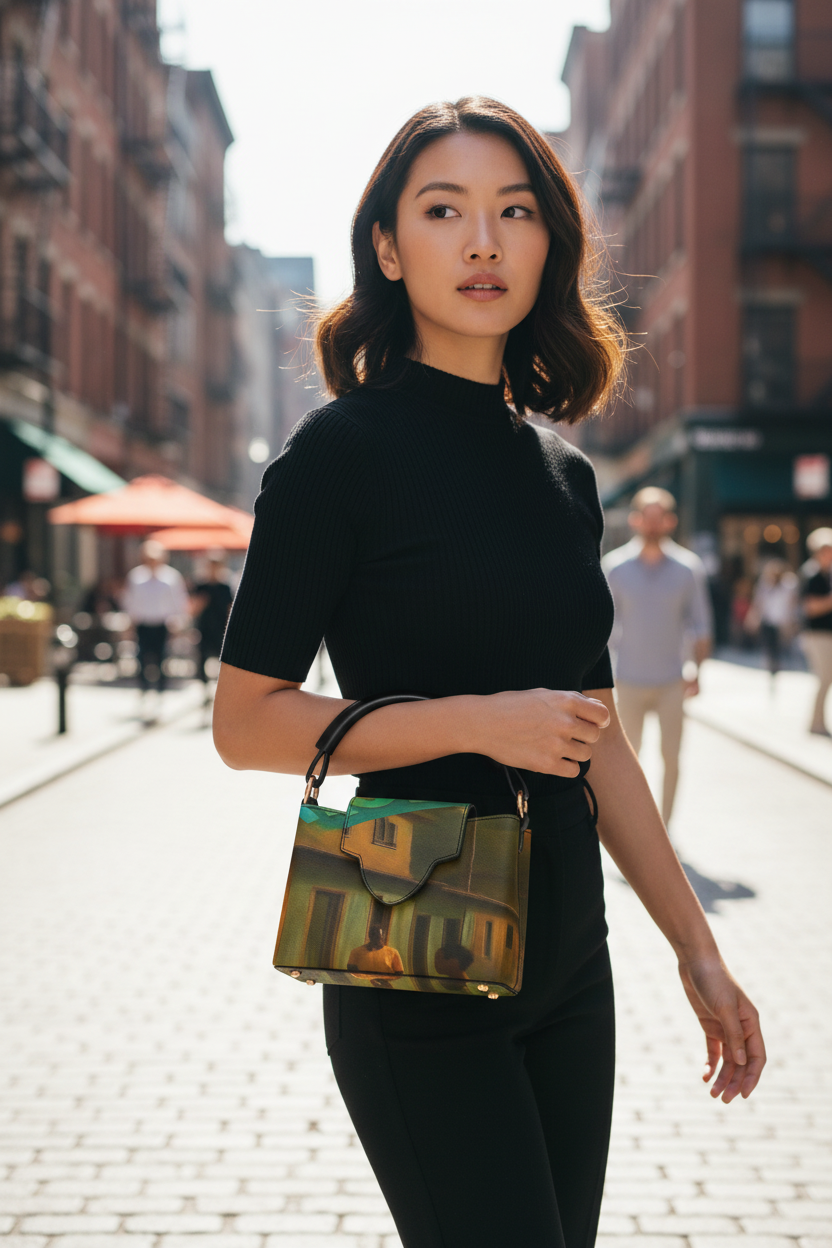 Asian female model earthy crossbody handbag