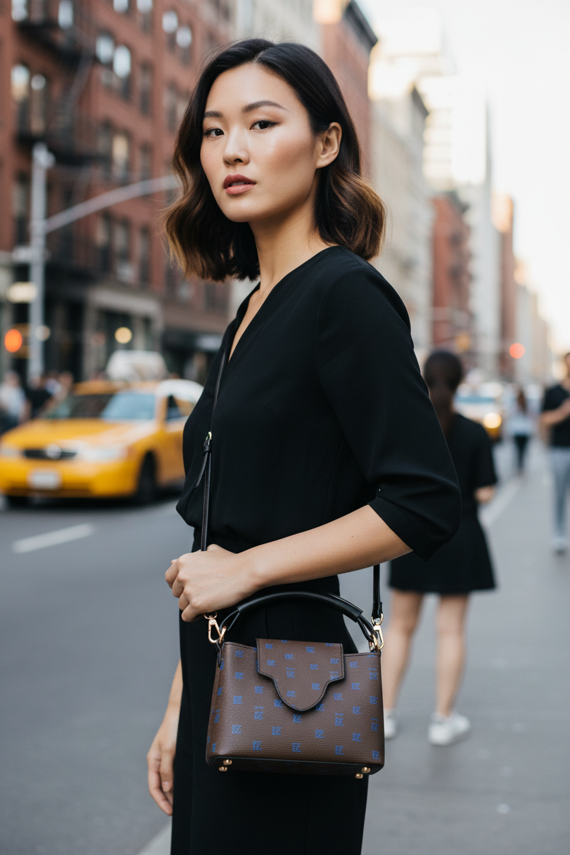 Asian female model FZ monogram crossbody handbag