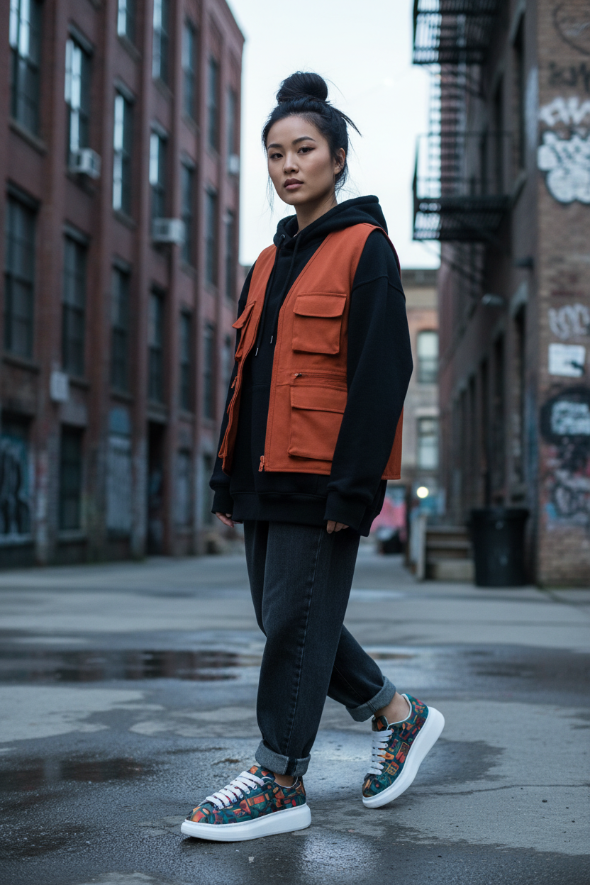 Asian female model geometric sneakers