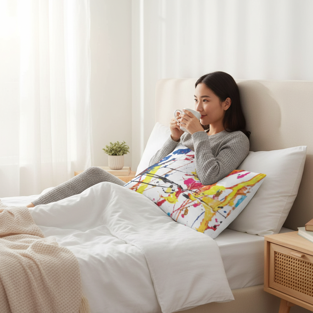 Asian female model paint splatter bed pillow