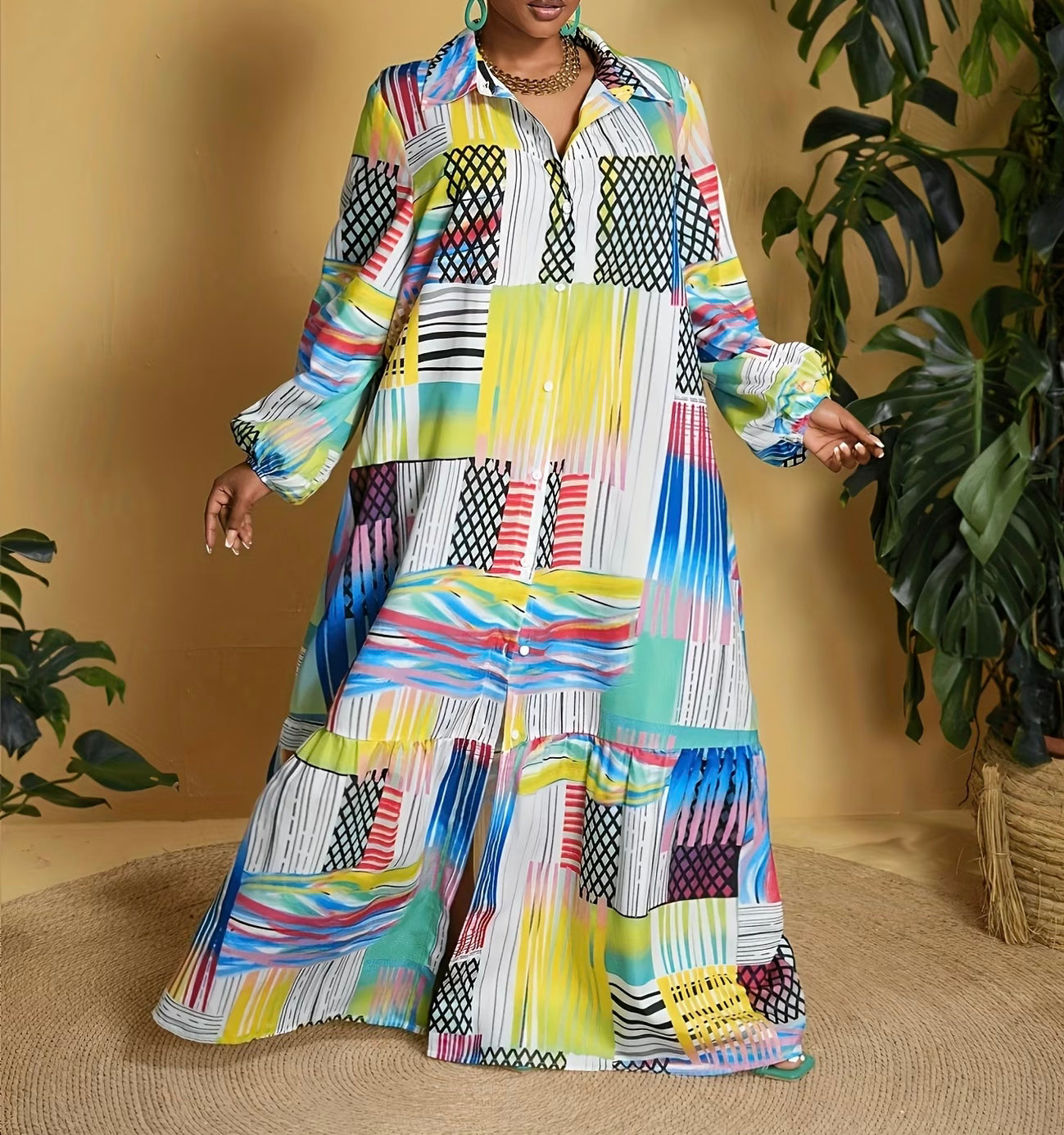 FZ Women's Plus Size Bohemian Print Long Sleeve Vintage Maxi Dress