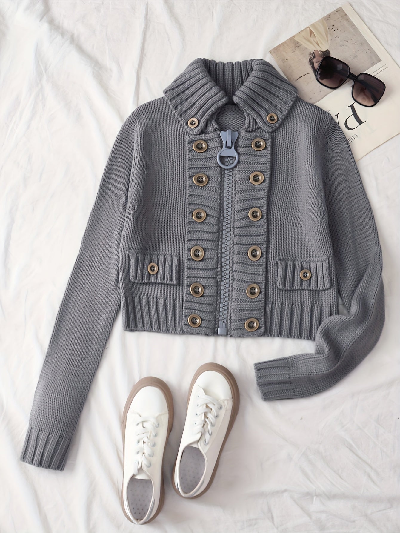 FZ Women's Multi-button decorated large zipper slim-fit Sweater jacket