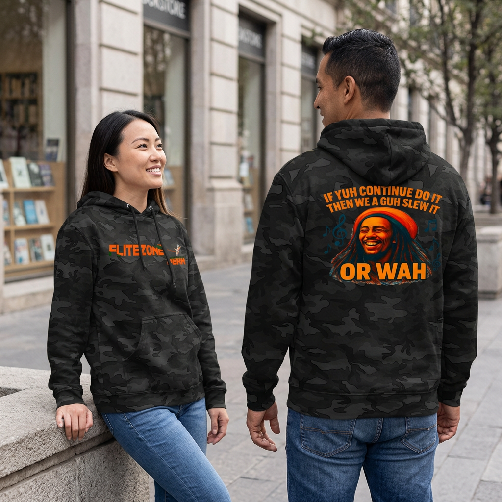 Black camo hoodie lifestyle image with woman showing the front and man showing the back on a city street