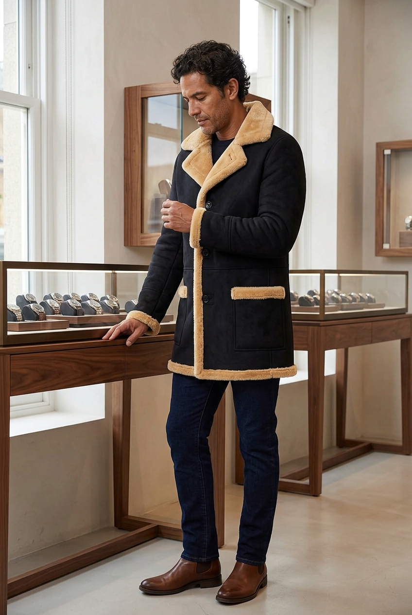 Black coat styled in a watch collector’s showroom
