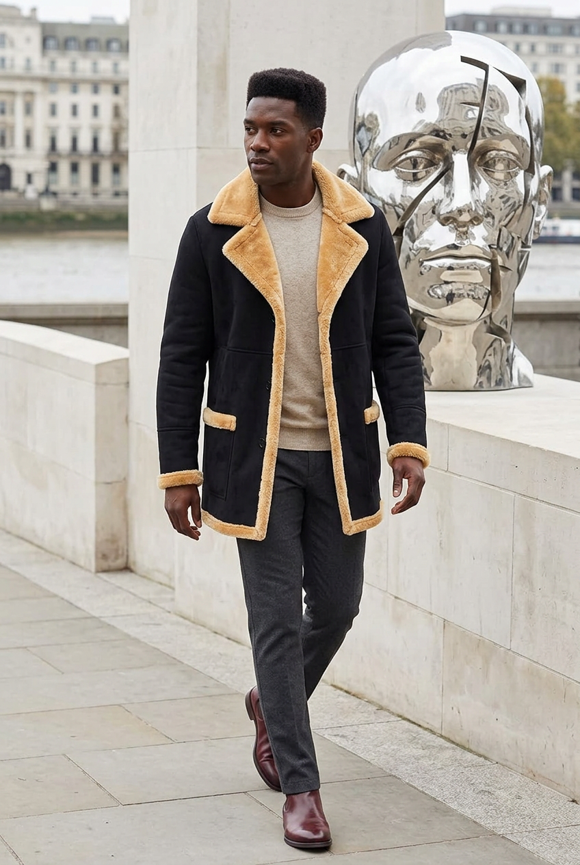 Black coat styled on a riverside sculpture walk