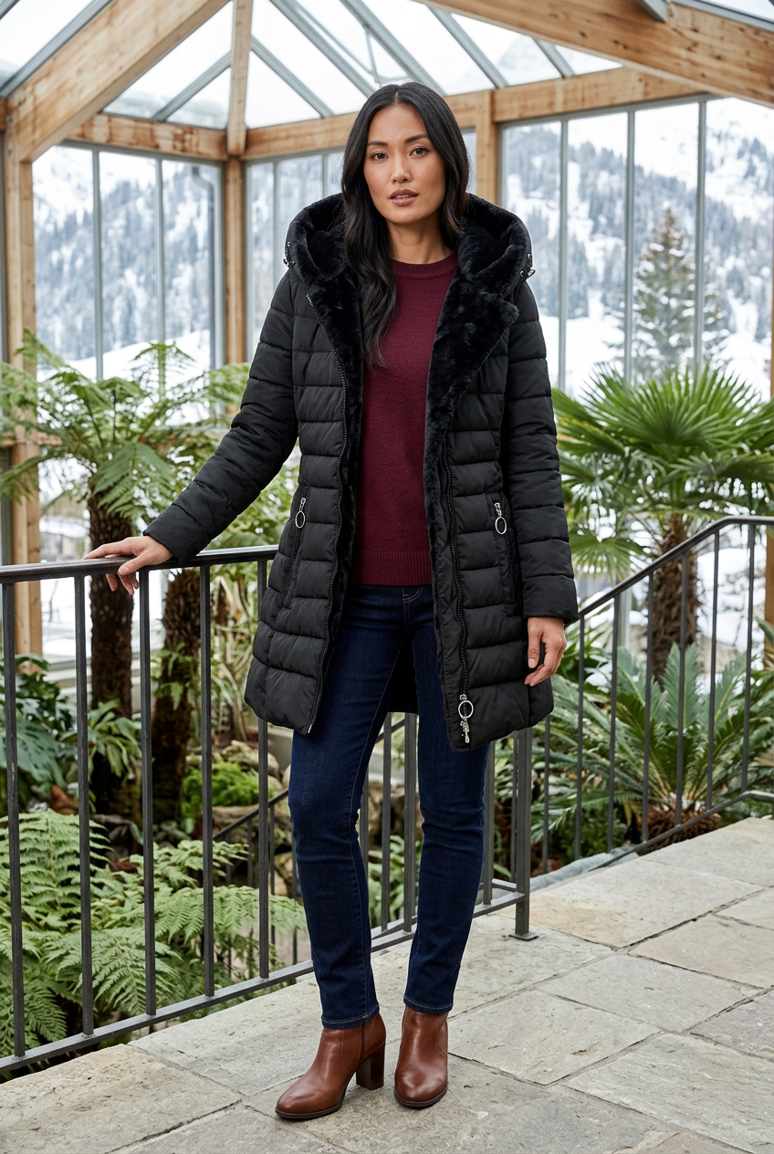 Black coat styled on an alpine conservatory terrace