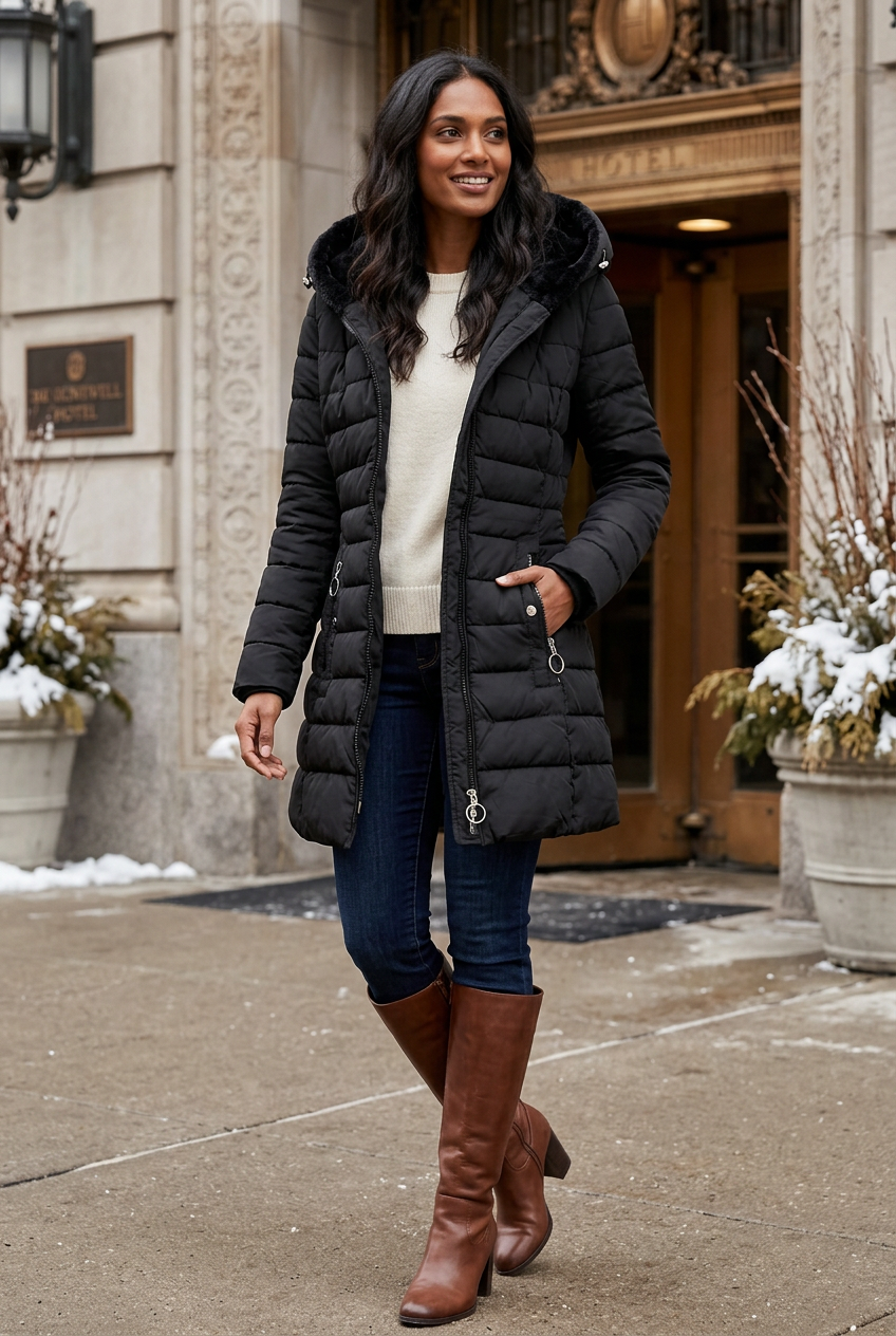 Black coat styled outside a historic winter hotel