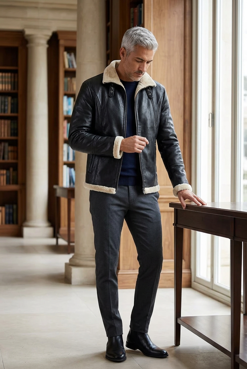 Black jacket styled in an architectural library