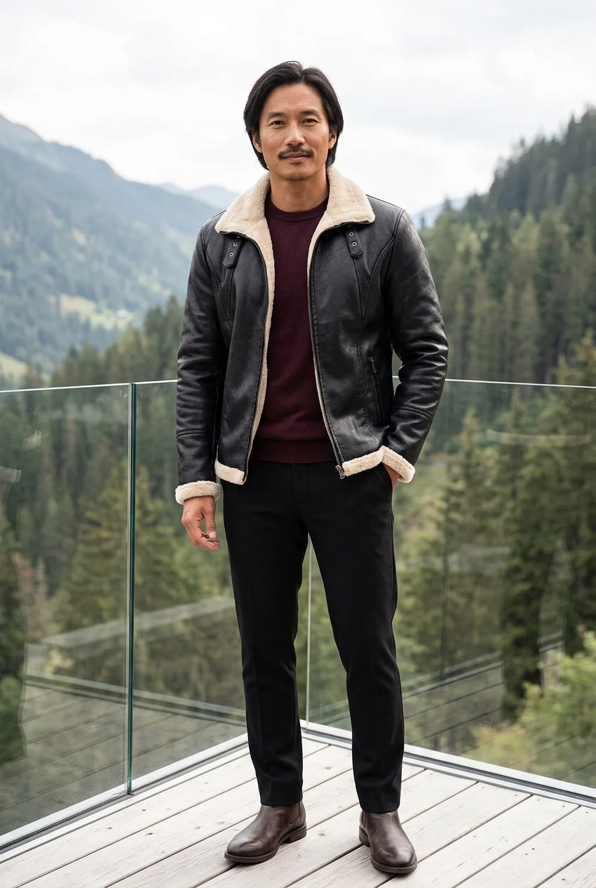 Black jacket styled on a mountain spa terrace