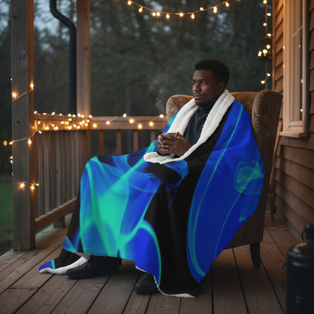 Black male model blue flame blanket outdoor
