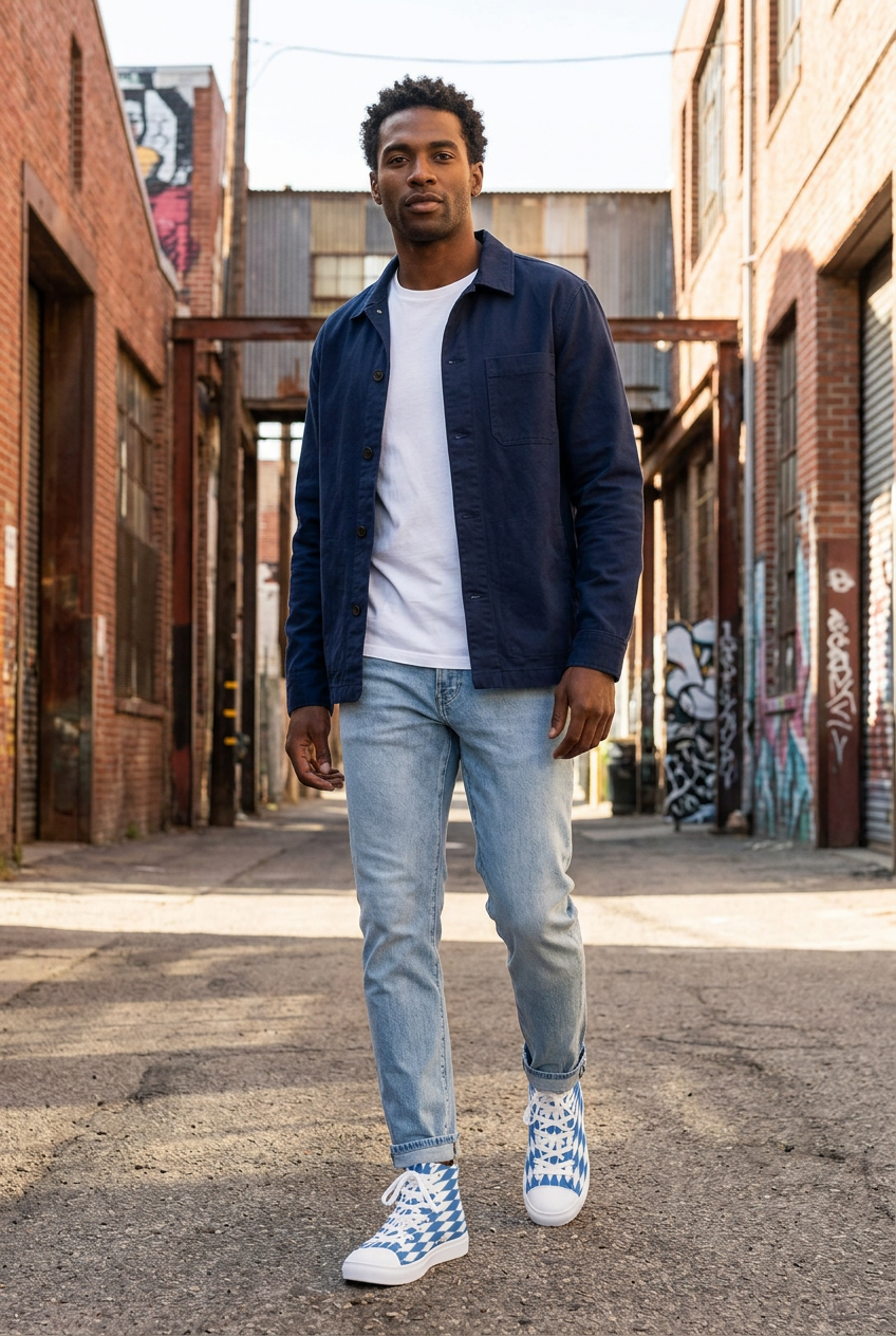 Black male model walking through an arts district