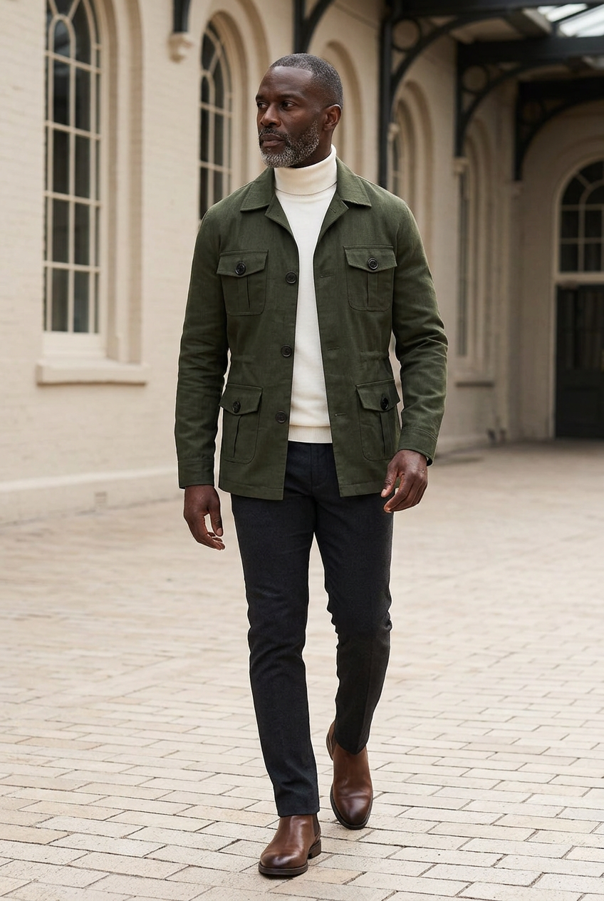Black male model wearing the army-green cargo jacket in a heritage railway courtyard