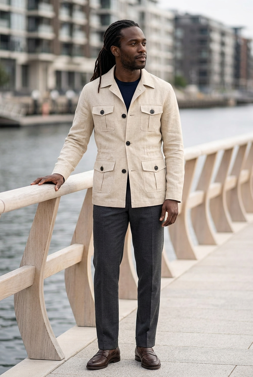 Black male model wearing the beige cargo jacket on a waterfront pier