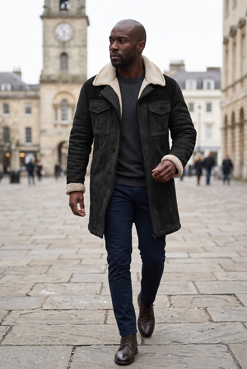 Black male model wearing the black cream-trim coat in a historic stone square
