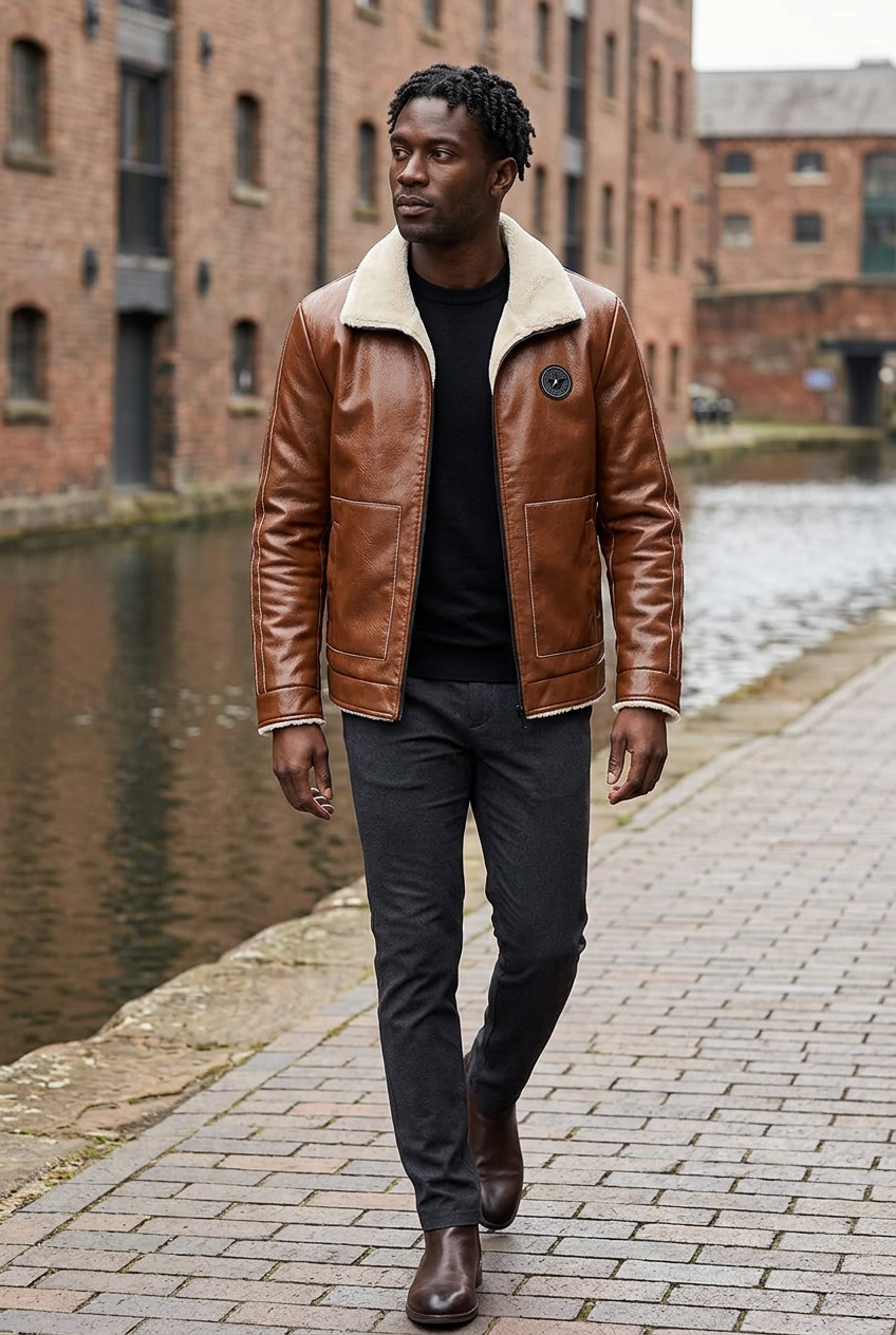Black male model wearing the brown cream-collar jacket along an autumn canal