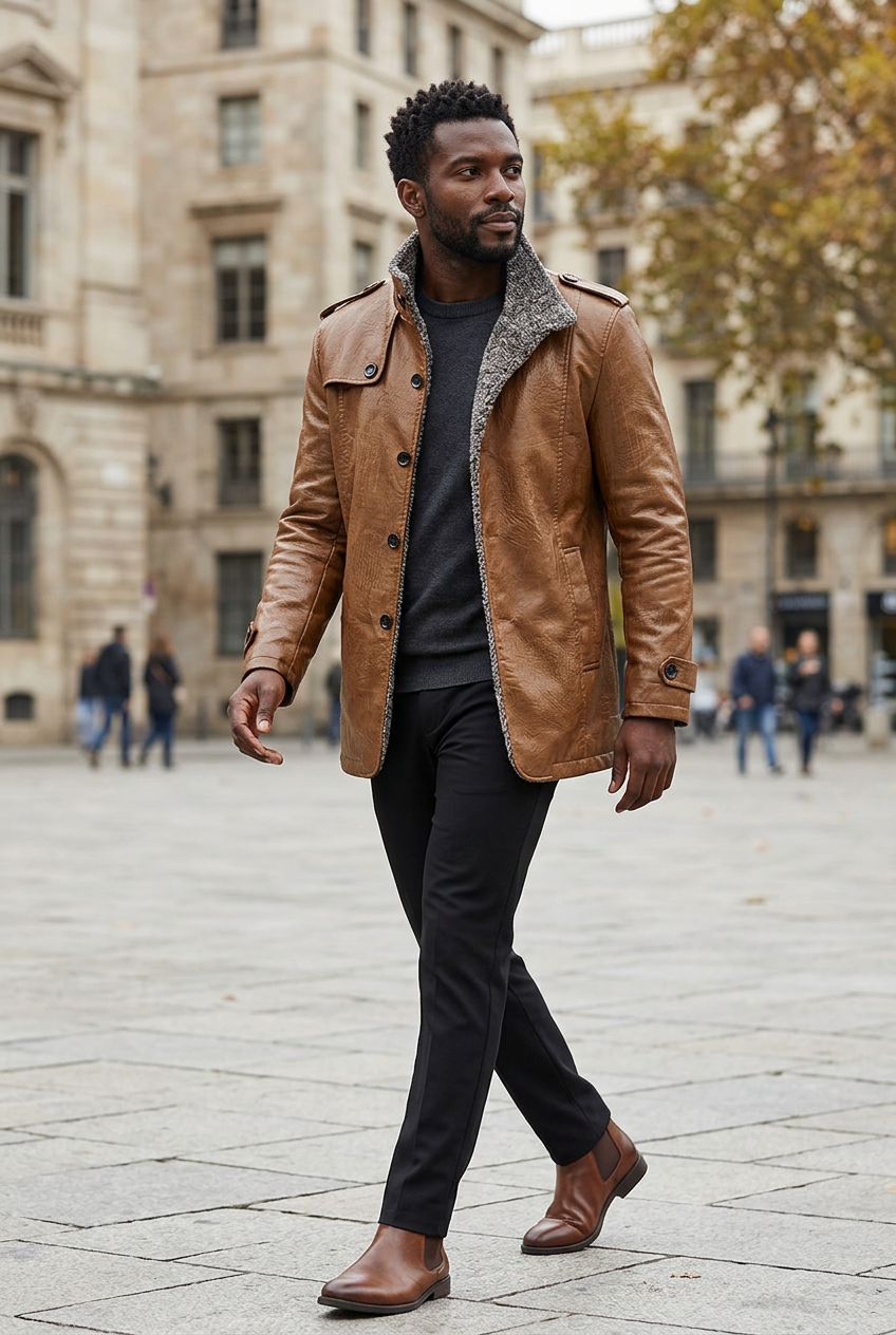 Black male model wearing the brown PU leather jacket in a city square
