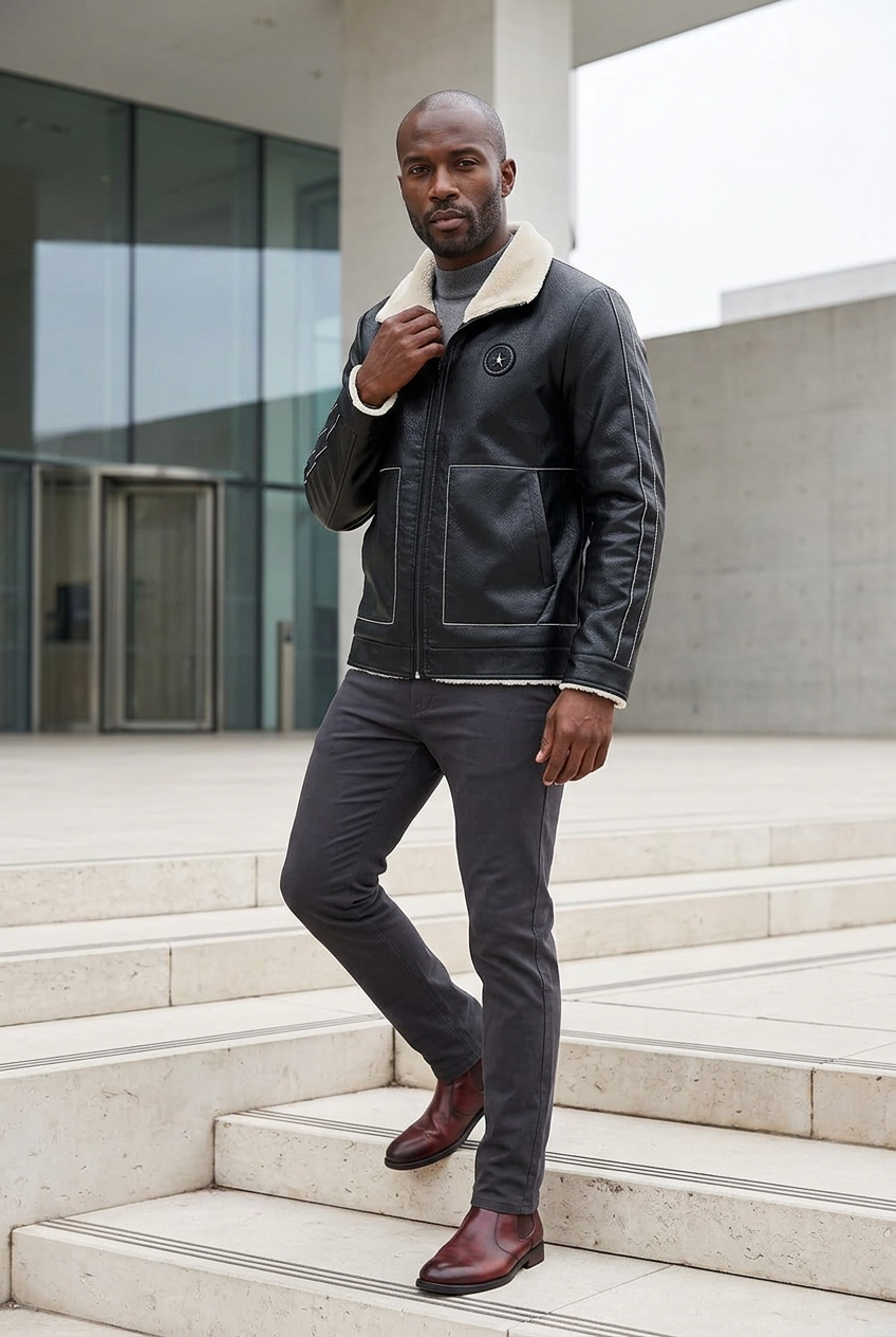 Black male model wearing the cream-collar black jacket on museum steps