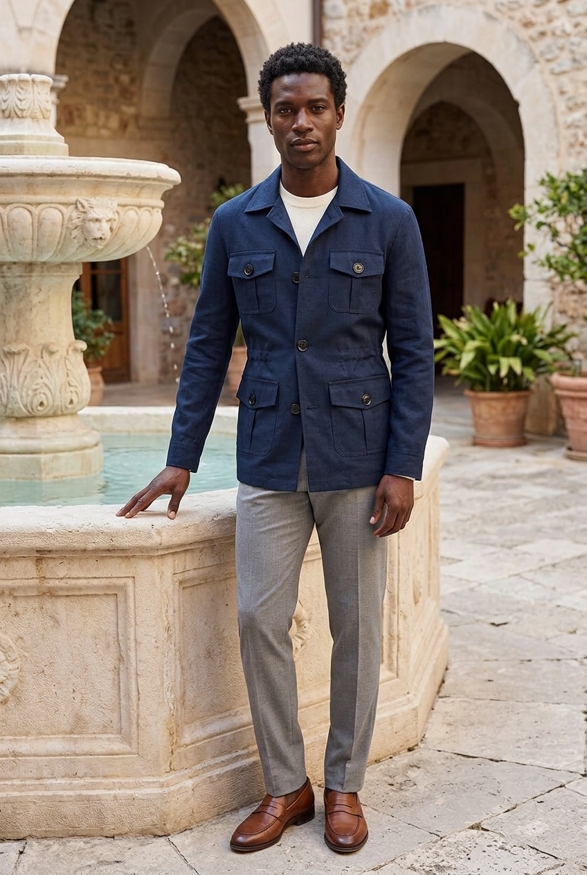 Black male model wearing the navy cargo jacket beside a courtyard fountain