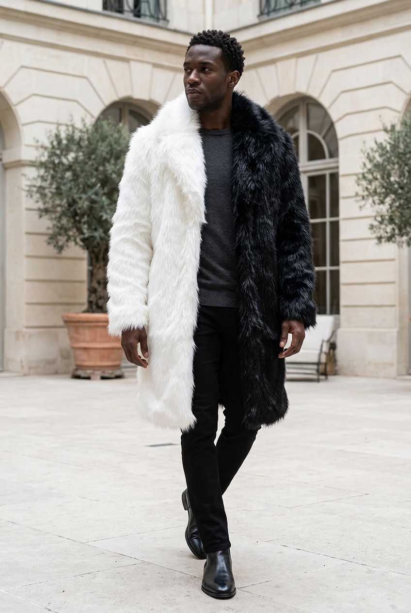 Black male model wearing the split black-and-white coat in a hotel courtyard