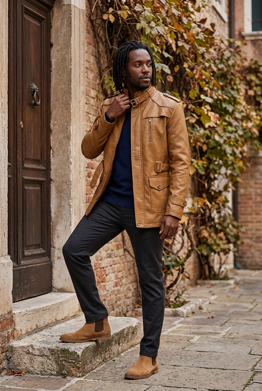 Black male model wearing the tan jacket in a historic courtyard