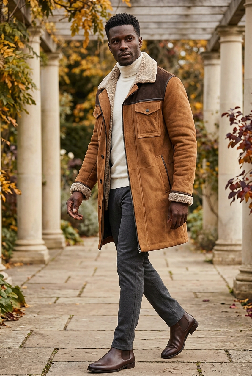 Black male model wearing the two-tone brown coat in a garden pergola