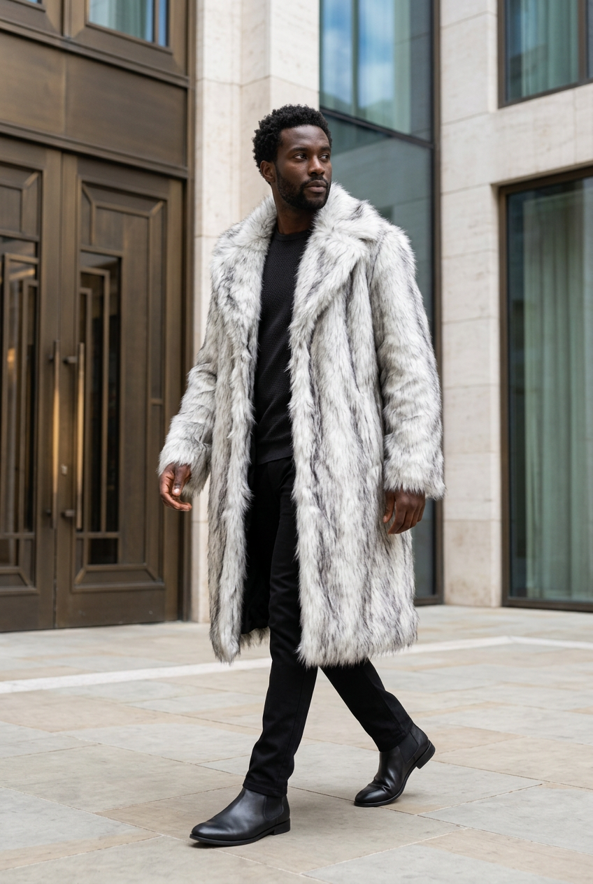 Black male model wearing the white-and-gray streaked coat in a hotel courtyard