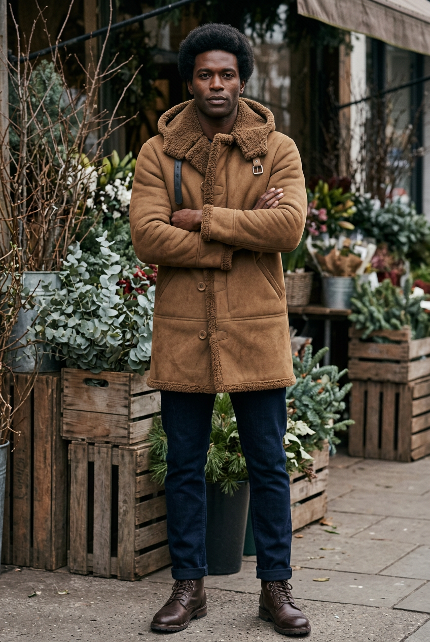 Black male model with folded arms at a rustic flower market